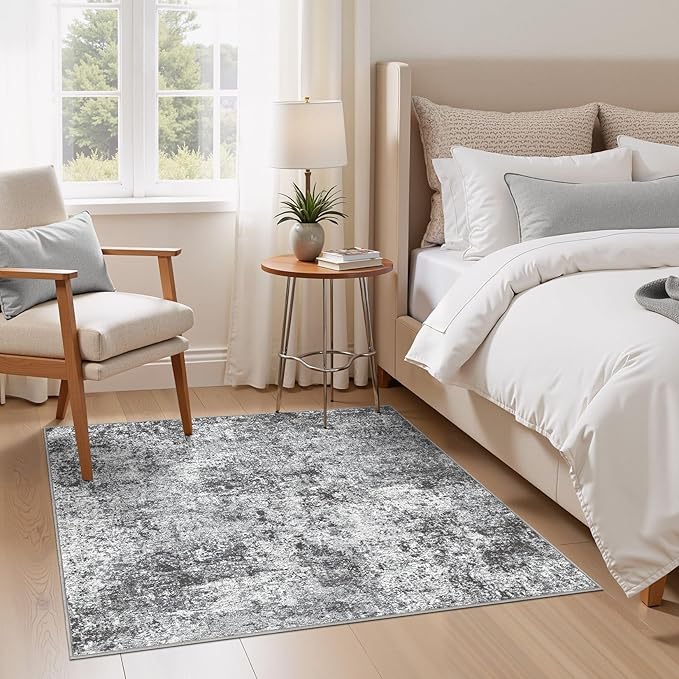 Square Area Rug Living Room Rugs - 5x5 Washable Large Soft Indoor Neutral Modern Abstract Low Pile Rug Carpet for Bedroom Dining Room Farmhouse Home Office - Grey