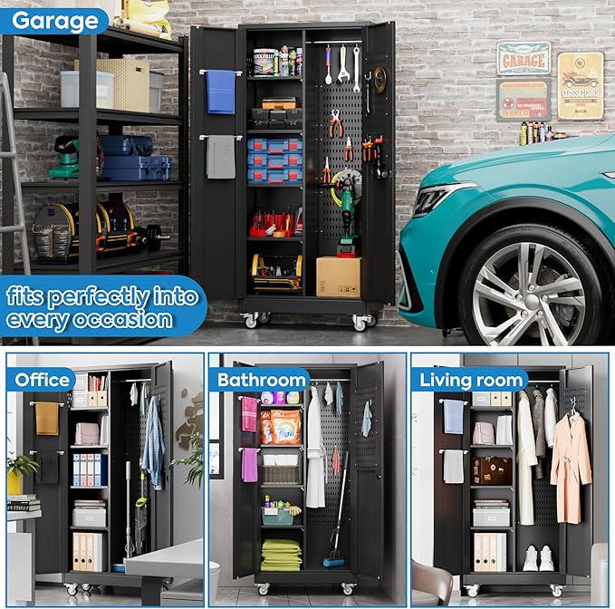 Garage Storage Cabinet with Wheels, Broom Closet Storage Cabinet with Pegboards and Adjustable Shelves, Metal Tool Cabinet with Lockable Door for Garage Home, Black