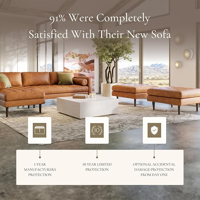 Poly & BARK Napa Ottoman - Full-Grain Leather Upholstered Ottoman with Feather-Down Topper - Couch for Living Room - Vintage Italian Leather in Cognac Tan