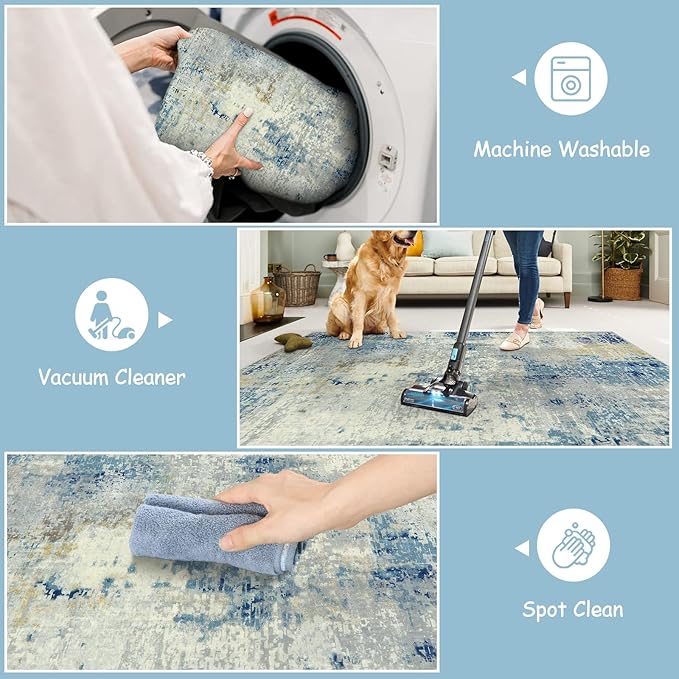 Lahome Washable Round Rug 5Ft, Blue Modern Abstract 5x5 Circle Rugs for Living Room Bedroom, Soft Contemporary Large Indoor Carpet for Kitchen Apartment Basement Home Office