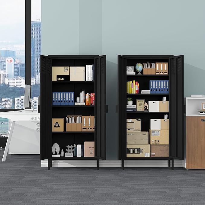 COFaR 4 Tier Black Metal Storage Cabinet, Free Standing with 2 Doors, 3 Adjustable Shelves and Legs, Cupboard Metal Cabinet for Living Room, Kitchen, Dining Room, Office