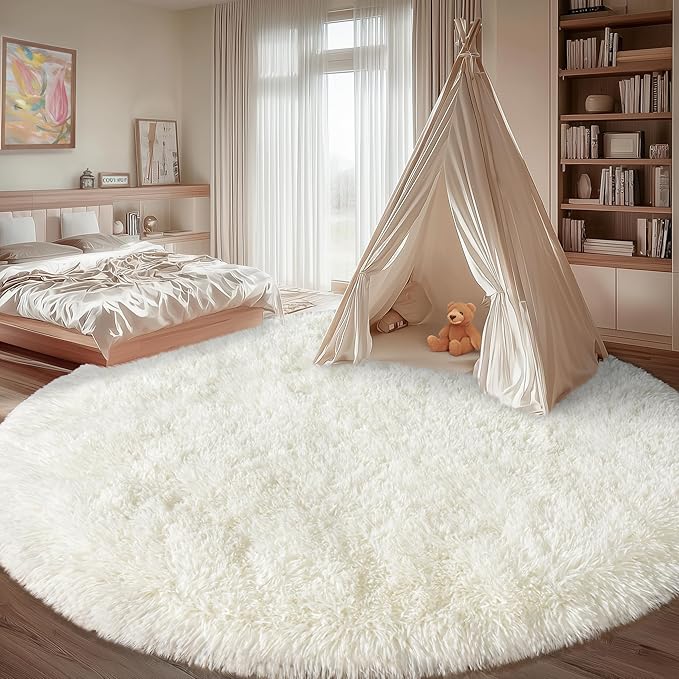 Round White Rug for Bedroom, 8 ft Circle Area Rugs for Living Room, Soft Large Fluffy Shag Carpet for Teen Girls Boys Nursery Room Dorm Home Decor Aesthetic