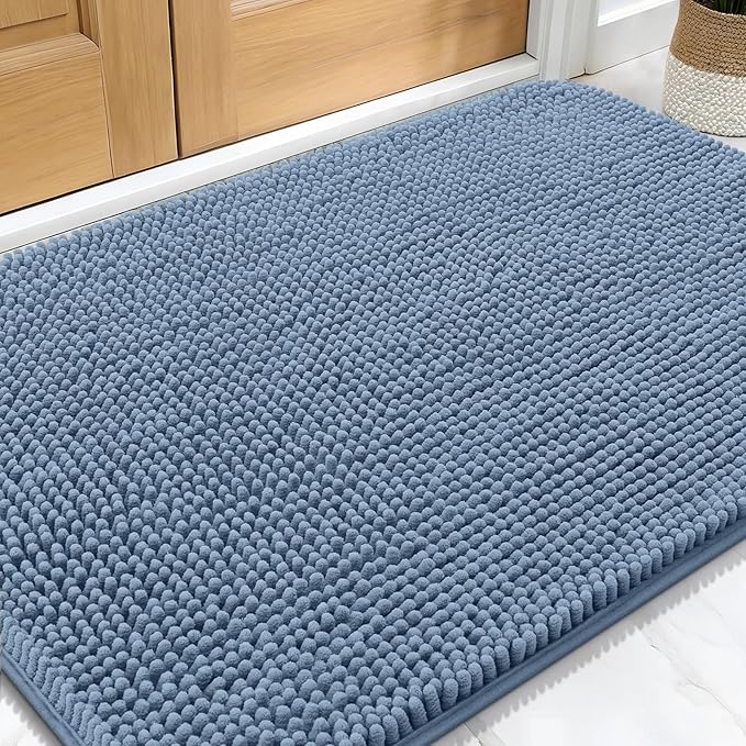 OLANLY Dog Door Mat for Muddy Paws 34x21, Absorbs Moisture and Dirt, Absorbent Non-Slip Washable Doormat, Quick Dry Chenille Mud Mat for Dogs, Entry Indoor Entryway Carpet for Inside Floor, Airy Blue