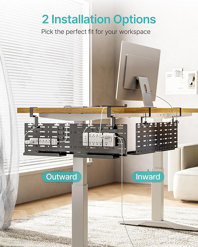 Under Desk Cable Management Tray, 30.2" Vertical Metal Pegboard Organizer for Power Strip, Cables, Clamp On Cord Organizer Rack with Hooks, Trays & Cable Straps for Home Office, Black