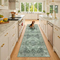 Area Rugs 2'x8' Washable Non-Slip, Floral Vintage Distress Print Pattern Medallion Carpet for Living Room Bedroom Dining Room, Dark Green Gray