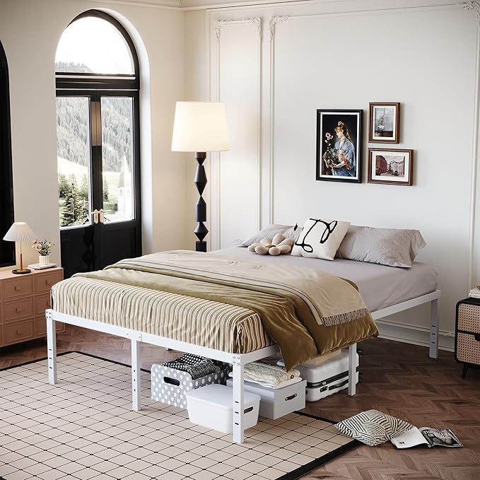 18 Inch Queen Bed Frame Heavy Duty Metal Platform No Box Spring Needed, Maximum Storage, Easy Assembly, Noise Free, White