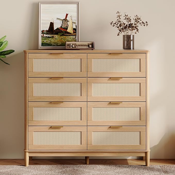 LINSY HOME Rattan Dresser for Bedroom with 8 Drawers, 54" Wide Chest of Drawers, Mid Century Modern Dresser TV Stand with Metal Handle, Wood Closet Storage Cabinet for Living Room, Hallway, Oak