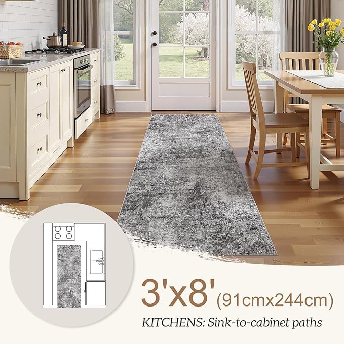 Washable Runner Rug for Hallway: 3x8 Neutral Modern Abstract Low Pile Area Rug with Non-Slip Backing - Carpet for Bedroom Kitchen Laundry Entryway Bathroom Indoor - Grey