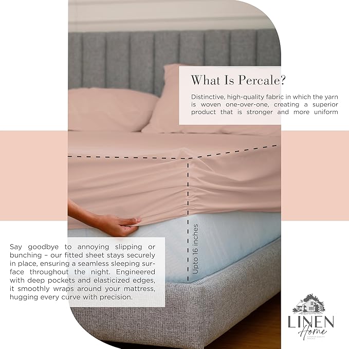 Linen Home 100% Cotton Percale Sheets Queen Size, Brushed Rose, Deep Pocket, 4 Pieces Set - 1 Flat, 1 Deep Pocket Fitted Sheet and 2 Pillowcases, Crisp Cool and Strong Bed Linen