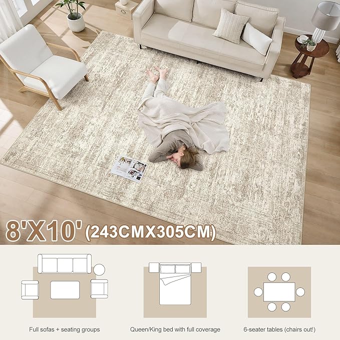 Area Rug Living Room Rugs - 8x10 Abstract Large Soft Indoor Washable Rug Neutral Modern Low Pile Carpet for Bedroom Dining Room Farmhouse Home Office - Vintage Beige