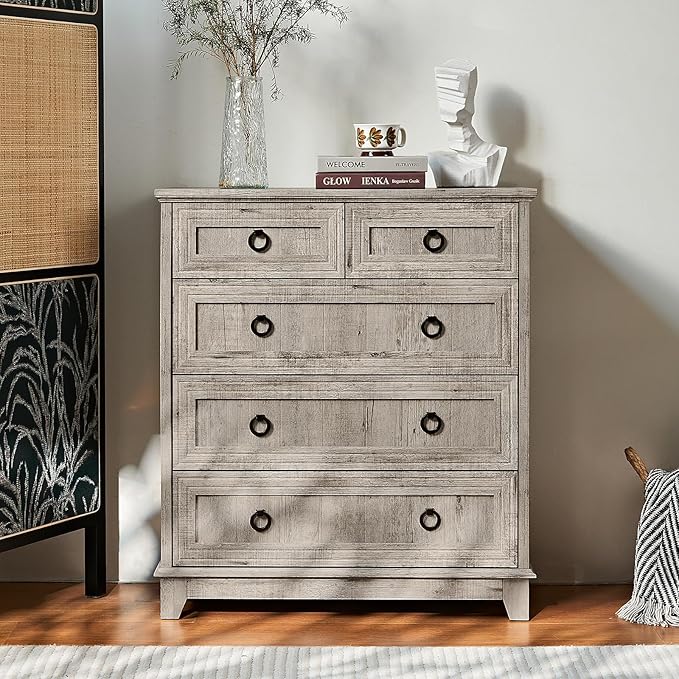 Farmhouse 5 Drawer Dresser for Bedroom, 33.2" Tall Small Dressers & Chest of Drawers, Rustic Wood Dresser with Metal Handle, Storage Organizer Closet for Living Room, Hallway, Entryway