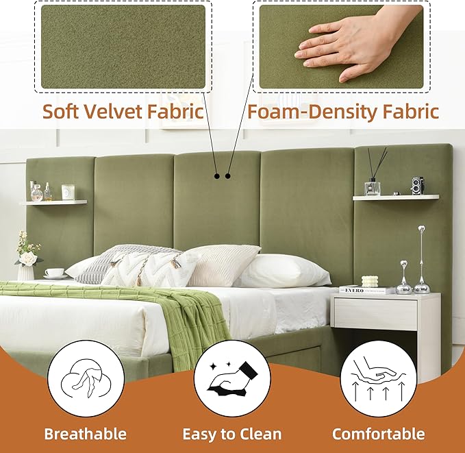 Queen Bed Frame with Storage & Built-in Nightstands, Velvet Upholstered Platform Bed Frame with Drawers & 2 Floating Storage Shelves, Noise-Free, No Box Spring Needed, Easy Assembly, Green
