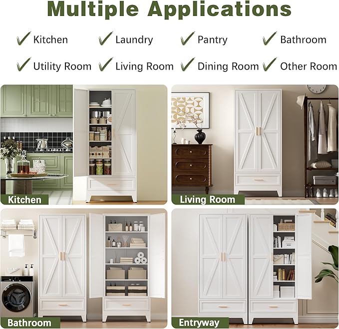 COFaR Metal Storage Cabinet, Farmhouse Storage Cabinet with 2 Doors and 4 Adjustable Shelves - 71" White Kitchen Pantry Storage 5-Tier Tall Steel Cabinets Locker for Kitchen, Living Room, Dining Room
