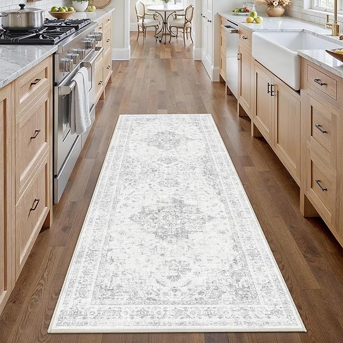 2x6 Hallway Washable Runner Rug Vintage Non-Slip Soft Kitchen Mat Boho Medallion Distressed Farmhouse Carpet Floral Low Pile Indoor Throw Rug for Entryway Bathroom Living Room Bedroom, Gray