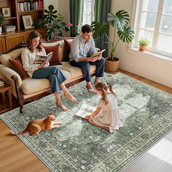 Area Rugs 6'x9' Washable Non-Slip, Floral Vintage Distress Print Pattern Medallion Carpet for Living Room Bedroom Dining Room, Dark Green Gray
