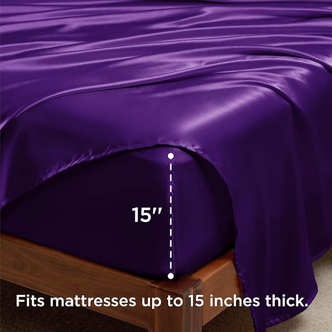 Bedsure Satin Sheets Queen Size - 4 Piece Silky Bedsheets with 15 Inches Deep Pocket Fitted Bedsheet,1 Flat Sheet, 2 Satin Pillowcases, Good for Hair & Skin (Queen, Purple)