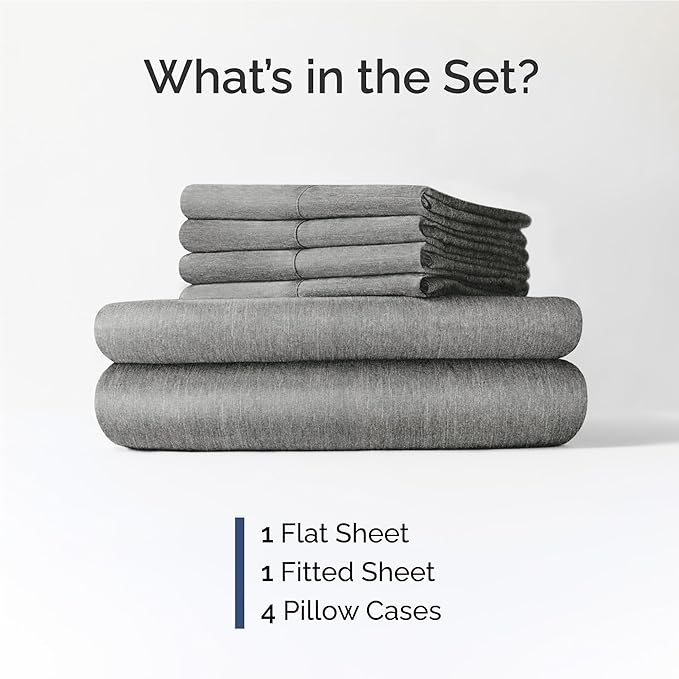 Full 6 Piece Sheet Set - Cooling & Breathable - Hotel Luxury Bedding, Includes Fitted Sheet for Women, Men, Kids and Teens - 1 Flat, 1 Fitted Sheet, 4 Pillowcases with Deep Pockets - Heathered Grey