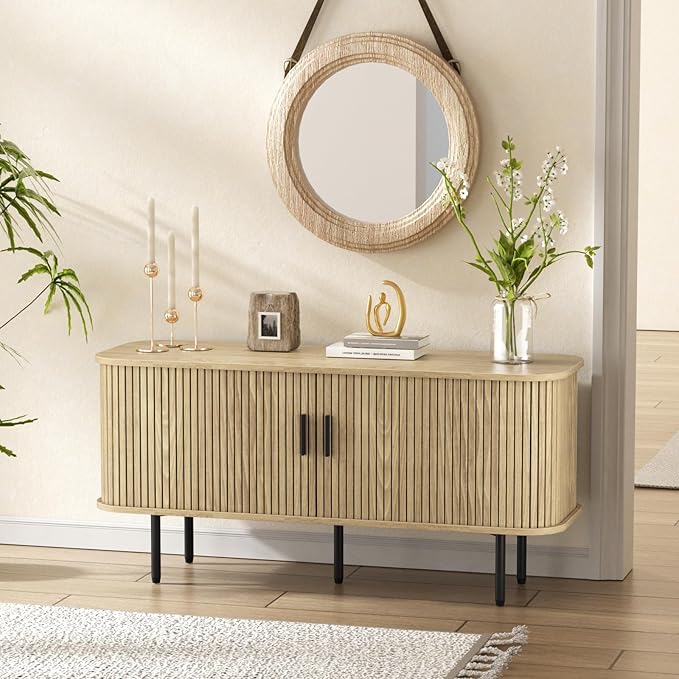 55''W Natural Storage Cabinet, Media Console, Tambour TV Stand, Television Stands with Curvy Edge; Sliding Door, Fluted Cabinet, Buffet Sideboard, Credenza, Table Stand for Living Room, Kitchen