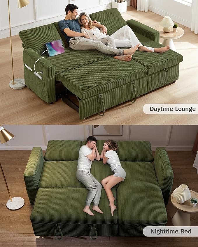 Vipbear 80" Sectional Sleeper Sofa Bed with Pull Out Bed, L Shaped Couch Pull Out Couch with Reclining Backrest, Reversible Storage Chaise, USB Ports, Tool-Free Assembly, Corduroy Olive Green
