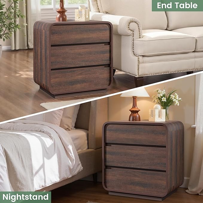 Modern Nightstand Set of 2, 23.2" Wide Wood Bedside Table with Charging Station, 3 Storage Drawers Side Table Curved Profile, Handleless, Large End Table Night Stand for Bedroom, Walnut ﻿