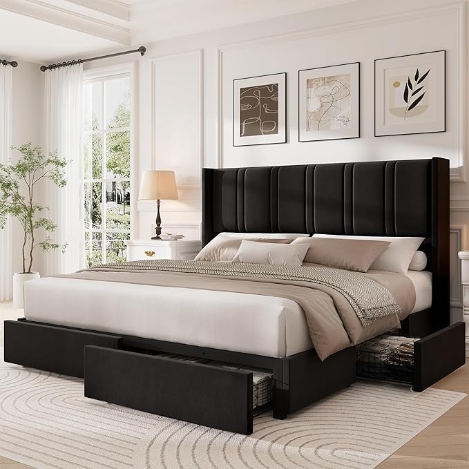 LARMACE King Size Bed Frame with 4 Storage Drawers and Wingback Headboard Velvet Upholstered Platform Bed Frame with Wooden Slats, Easy Assembly, Black