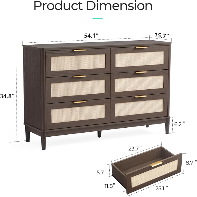 LINSY Rattan 6 Drawer Dresser for Bedroom, 54" Wide Mid-Century Modern Tall Chest of Drawers, Deep Storage Dresser with Curved Corner Design, Large Accent Wood Cabinet for Bedroom, Walnut