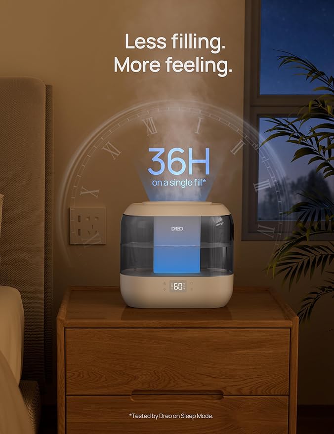 Dreo Smart Humidifiers for Bedroom, Top Fill 4L Supersized Humidifier Large Room with 28 dB, 36H Runtime, Touch/APP/Voice Control, Nightlight, Cool Mist Humidifiers for Baby, Plants, Indoor, Grey