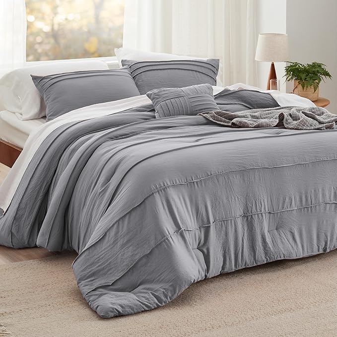 Bedsure California King Comforter Set - 4 Pieces Pinch Pleat Bed Set, Grey Boho Bedding for All Season, 1 Soft Comforter, 2 Pillowcases, 1 Decorative Pillow