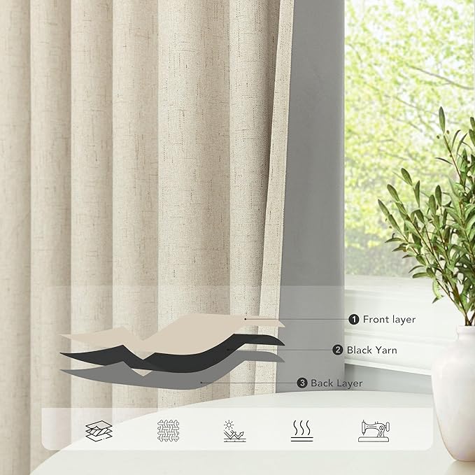 Short Small Blackout Curtains 54 Inches Long for Bedroom Aesthetic Beige Linen Colored Boho Black Out Curtains Insulated Thermal Curtains for Summer Heat Blocking Basement Bathroom Window 52x54 Length