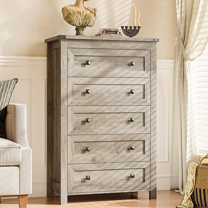 Dresser for Bedroom with 5 Drawers, Tall Wood Chest of Drawers, Modern Farmhouse Closet Clothes Organizer, Storage Tower Cabinet with Metal Handles for Hallway, Living Room, Entryway, Light Grey