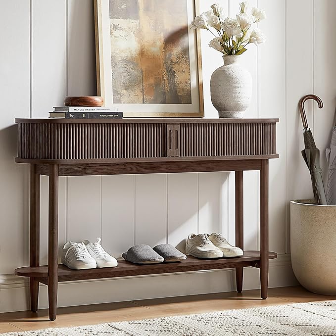 LINSY HOME Fluted Console Table, Mid-Century Modern Entryway Cabinet with Sliding Tambour Doors, Narrow Long Sofa Table, Behind-The-Couch Table for Living Room, Hallway (Brown Oak)