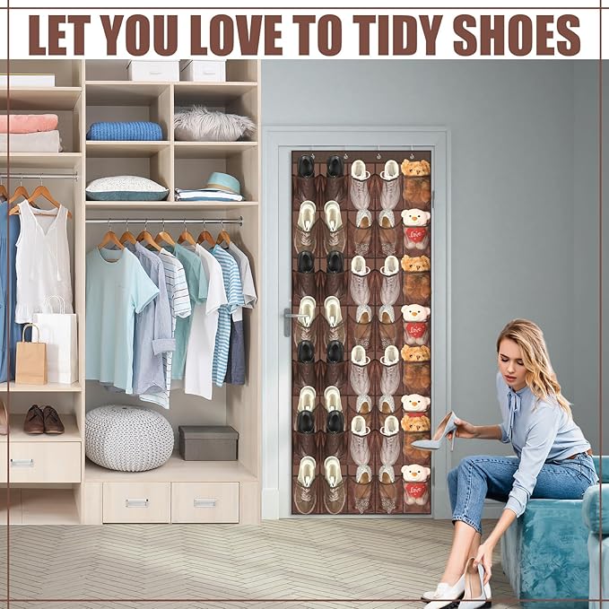 Windyun 40 Over the Door Shoe Organizer Large Breathable Mesh Pockets Hanging Shoe Rack for Closet Brown Behind Door Hanger Storage Holder Nonslip Hooks for Women Men Entryway Bedroom Utility Room