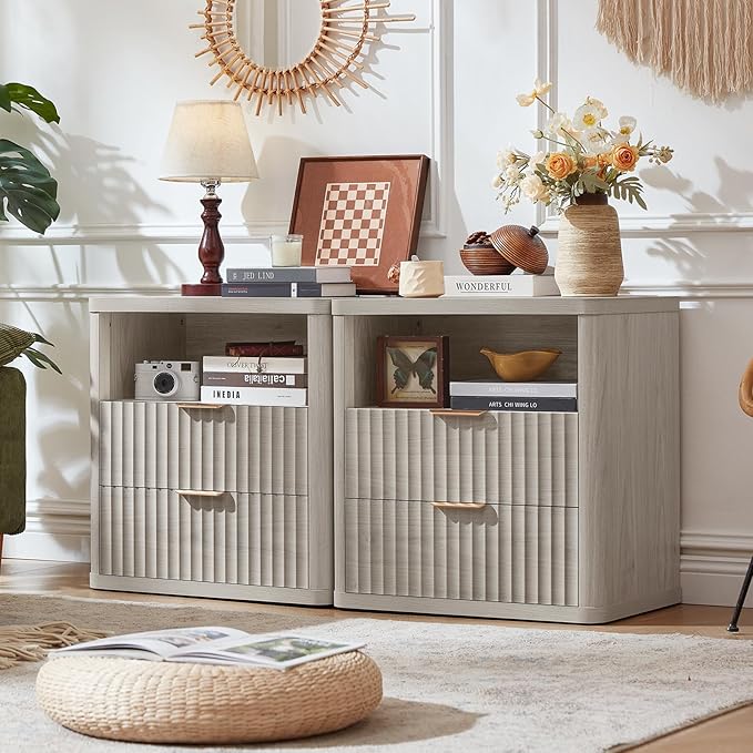 LEYAOYAO Fluted Nightstand with Charging Station, 23" Wide 2 Drawers Night Stand,LightGrey End Table with Open Storage,Farmhouse Bed Side Tables, Wood Dresser for Bedroom, Living Room, Closet