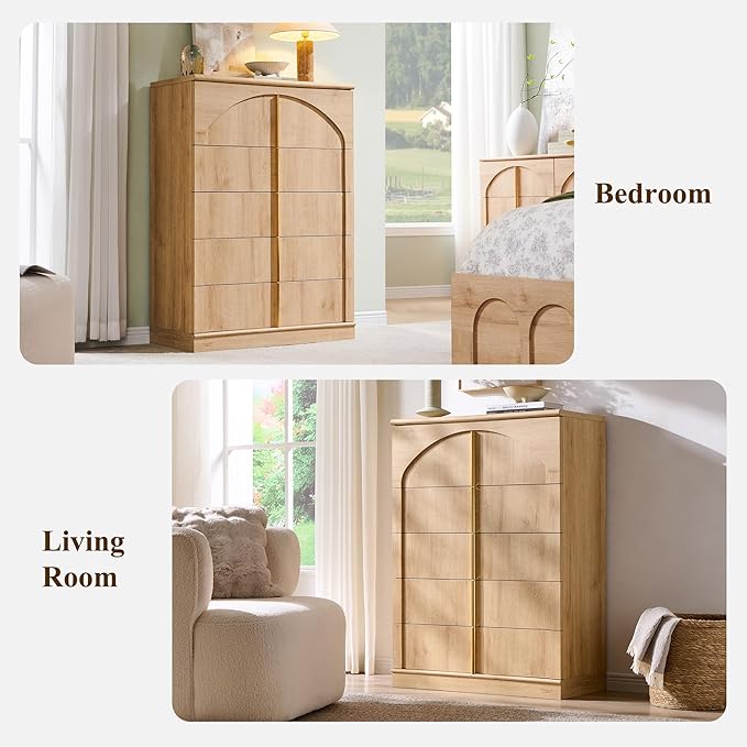 ACCOHOHO Modern 5 Drawers Dresser for Bedroom with Arched Panel,44" Tall Dresser for Closet with Metal Handles,Push-to-Open Wood Storage Closet Dressers Tv Stand for Living Room, Hallway,Natural Oak