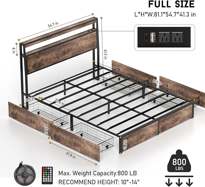 Full Size Bed Frame with 4 Storage Drawers and Headboard with Charging Station and LED Lights,2 Tier Solid Wood Headboard Storage,Noise Free, No Box Spring Needed/Remote/Vintage Brown