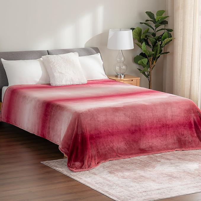 Berkshire Blanket-Classic Heavyweight Soft Printed VelvetLoft® Plush Blanket, Full/Queen Size Soft Fuzzy Warm Blanket for Couch Sofa Bed, Ombre Burgundy, 90in x 90in