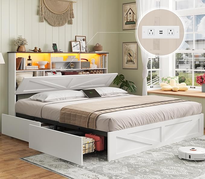 AOGLLATI Farmhouse Queen Bed Frame with 4 Storage Drawers and Led Lights, Wooden Bed Frame Queen Size with Hidden Space Bookcase Headboard and Led Lights & Metal Slats, White