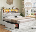 AOGLLATI Farmhouse Queen Bed Frame with 4 Storage Drawers and Led Lights, Wooden Bed Frame Queen Size with Hidden Space Bookcase Headboard and Led Lights & Metal Slats, White
