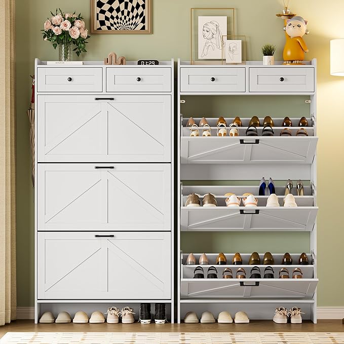 Shoe Storage Cabinet for Entryway, Farmhouse Narrow Shoe Cabinet with 3 Flip Drawers & 2 Top Drawers, Adjustable Shelves & Hooks, Freestanding Hidden Rack Organizer for Hallway, Foyer