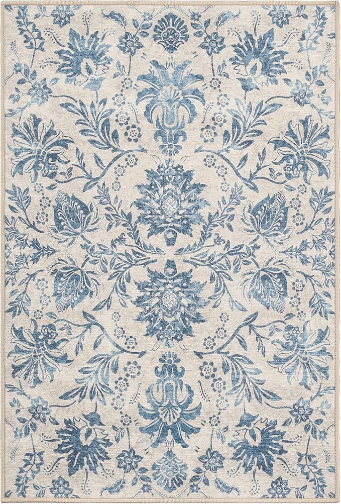 jinchan Torino 2x3 Washable Rugs for Entryway, Vintage-Inspired Floral Design Non-Slip Low-Pile Doormat, Ultra-Thin Indoor Traditional Accent Carpet for Entrance Kitchen Bathroom Bedroom, Dark Blue