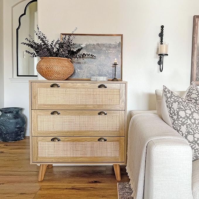 PHI VILLA Rattan Dresser - Nightstand with Drawer Boho Small Cabinet 3 Drawer Dresser, Bedside Table