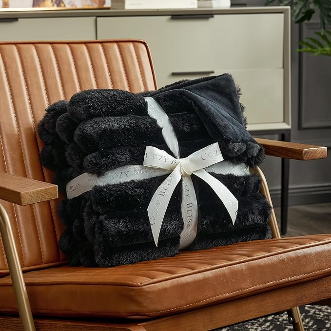 Cozy Bliss Faux Fur Throw Blanket for Couch, Cozy Warm Plush Striped Blanket for Sofa Bedroom Living Room, 50 * 60 Inches Black
