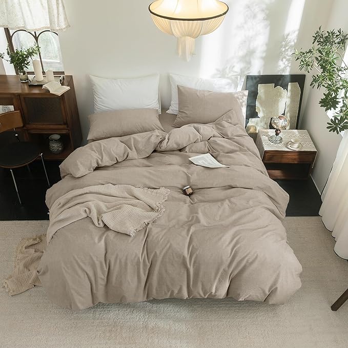 FOSSA Duvet Cover Set 100% Washed Cotton Linen Feel Super Soft Breathable Cozy 3 Pieces Bedding Sets Solid Tannish Linen Grey Super King