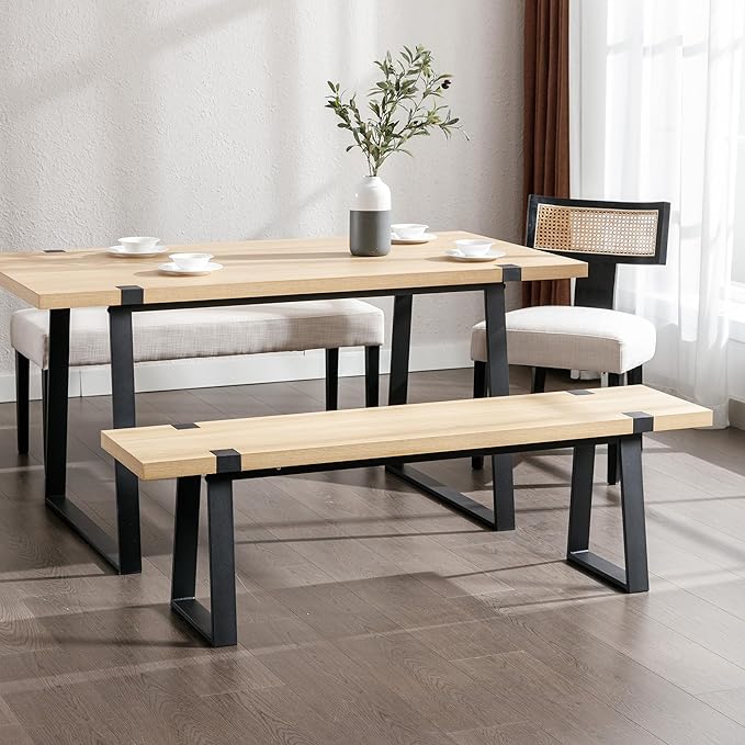 Wahson 60" Dining Bench Set of 2, Natural Wooden Table Bench with Metal Legs, Modern Kitchen Bench for Enrtyway/Indoor/Dining Room