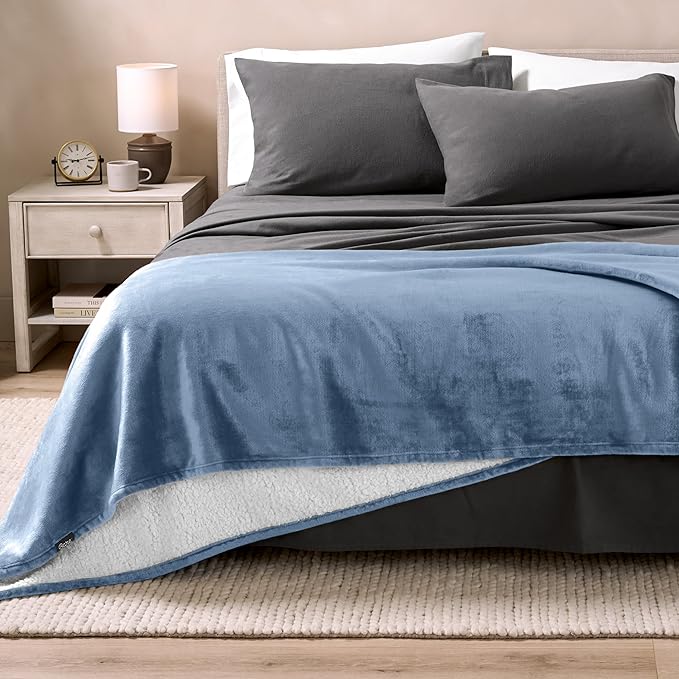 Bare Home Sherpa Fleece Blanket - Full/Queen Size - Blanket for Bed, Sofa, and Couch - Warm & Lightweight - Fluffy & Soft - Reversible (Full/Queen, Coronet Blue)