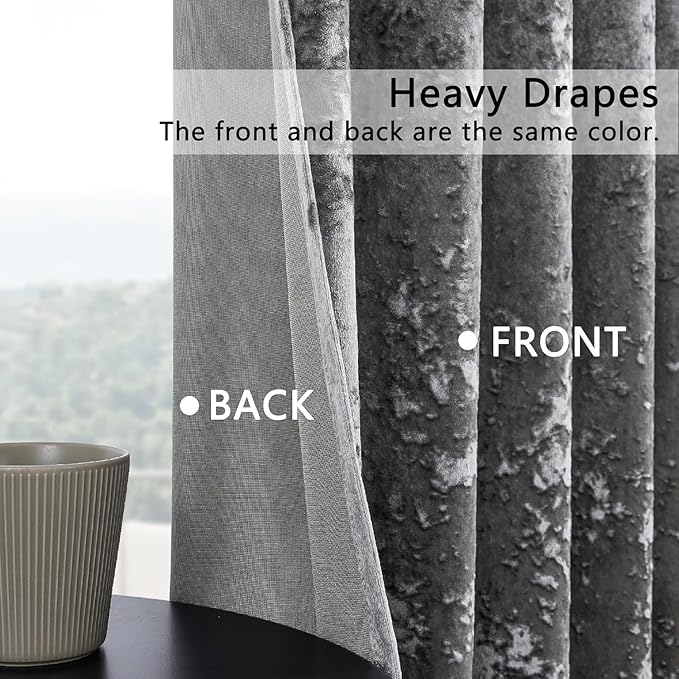 SMILETIME Grey Crushed Velvet Curtains 52x108 inch Luxurious Thermal Insulated Soundproof Drapes for Living Room Bedroom Office Soft and Durable Light-Filtering Window Treatments, 2 Panels