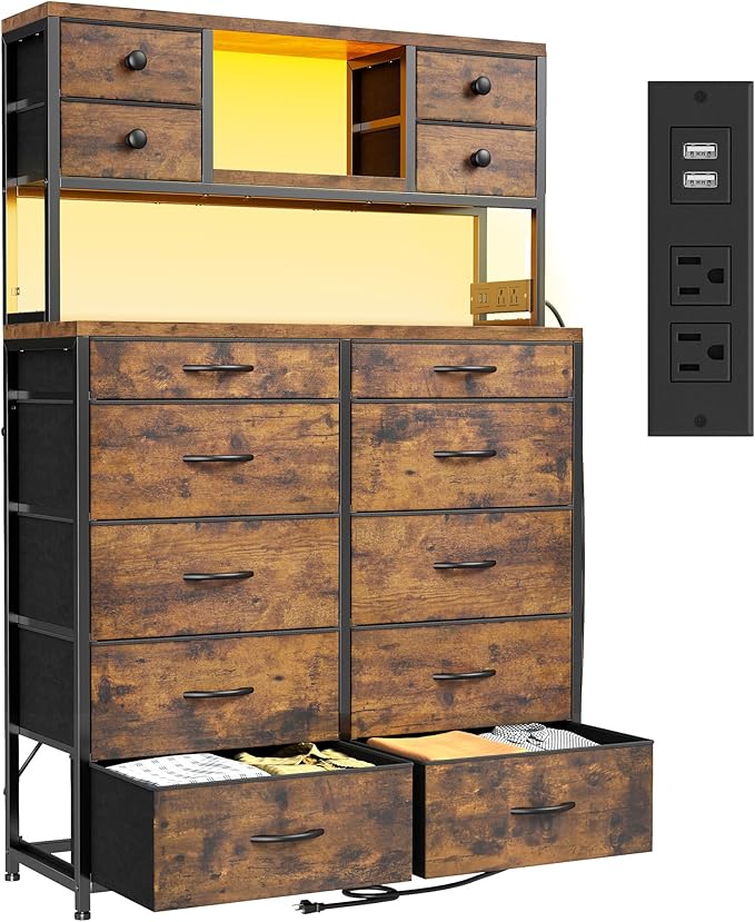 EnHomee 62.8" H Dresser for Bedroom with 14 Drawers,Fabric Dresser with Charging Station and LED Lights,Dressers & Chests of Drawers for Bedroom, Steel Frame & Wooden Top,Rustic Brown