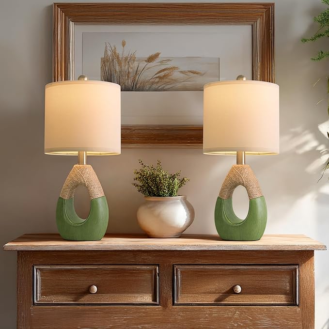 OYEARS 19" Table Lamps Set of 2, Bedside Lamps for Living Room, Lamps for Bedroom, Farmhouse Rattan Table Lamp, Small Space Nightstand Lighting, Rustic Home Office Decor (Green, Bulb Not Included)