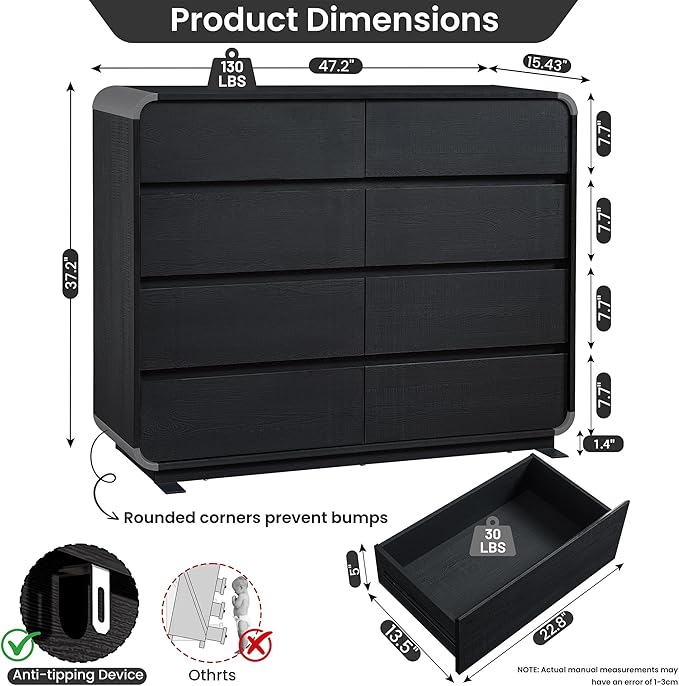 Black Dresser with 8 Drawers, Modern Chest of Drawers with Deep Drawers, Big Storage Organizer for Bedroom, Living Room, Hallway, 47’’Wide