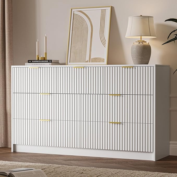 White 7 Drawer Dresser for Bedroom, 55.9" Wide Modern Fluted Dresser with Gold Metal Handles, Wide Chest of Drawers for Bedroom, Living Room, Entryway, Hallway